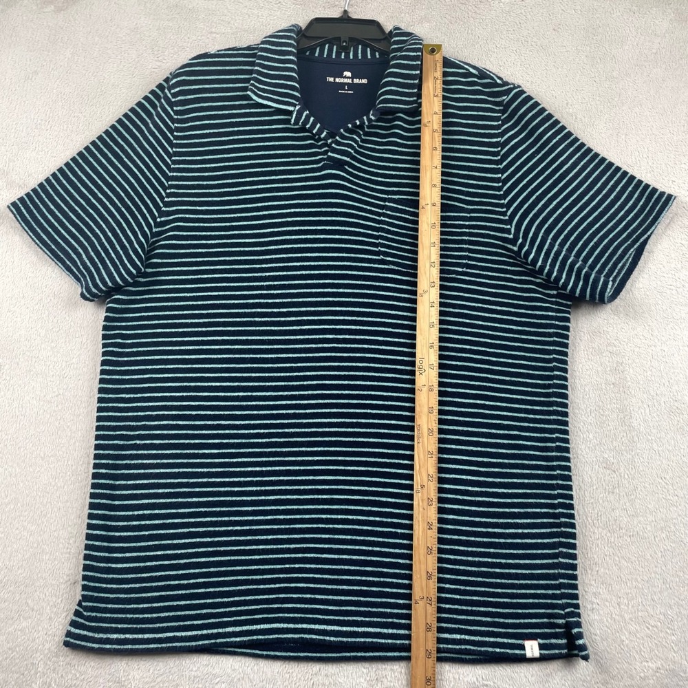 The Normal Brand Knit Polo Shirt Men Large Blue Stiped Terry Cloth Johnny Collar - Picture 6 of 8